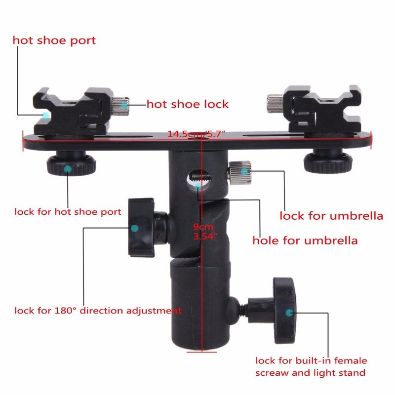 EXMAX E2 Adjustable Double Flash Bracket Dual Hot Shoe Speedlight Stand Umbrella Holder Light Stand Bracket Mount 1/4" to 3/8'' for Studio Video DSLR Camera - Image 2